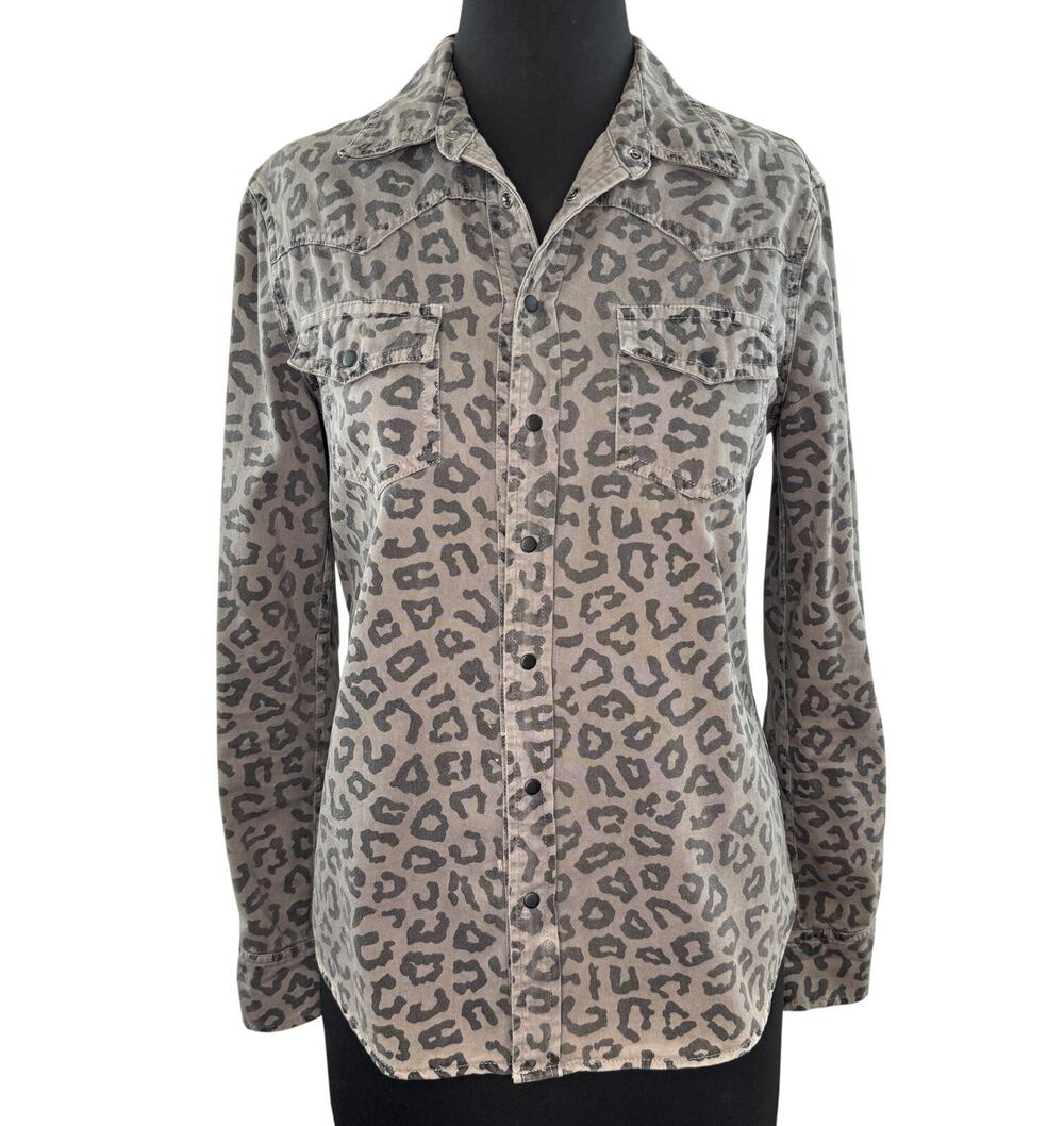 EQUIPMENT Gray Black Western Shirt Leopard Curved Hem Snap Button S Small USA
